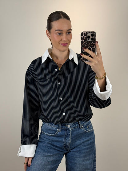 Gestreepte blouse met witte details - navy