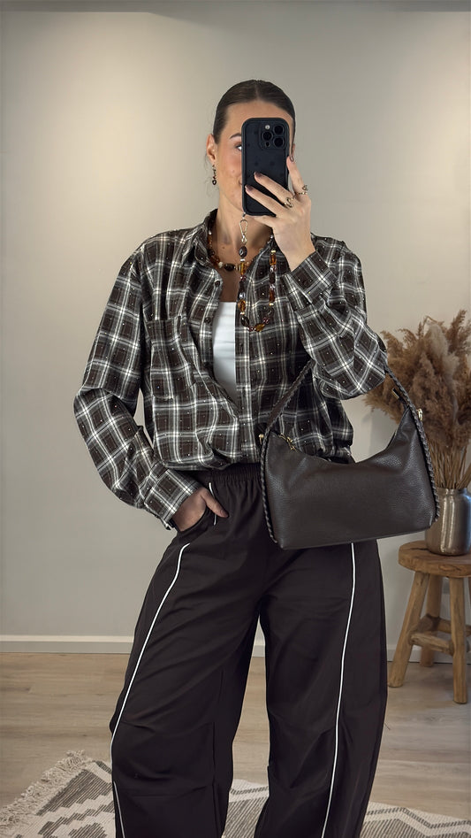 Geruite blouse met strass steentjes - bruin
