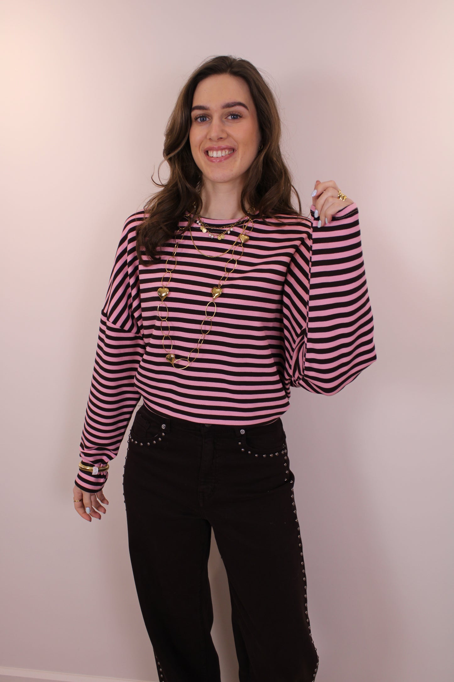 Gestreept shirt - bruin/roze