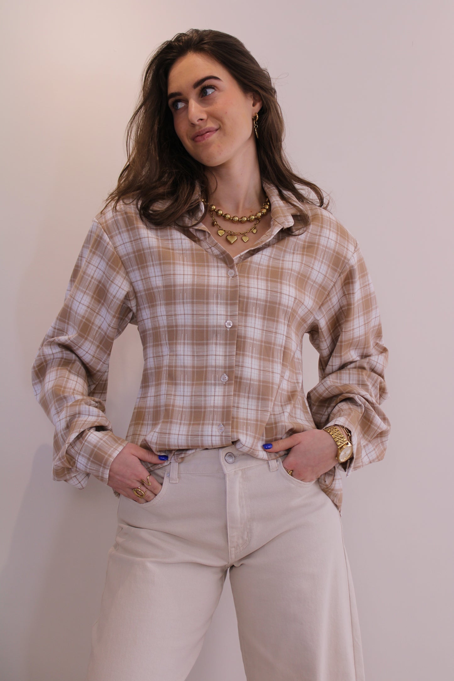 Getailleerde ruit blouse - beige - At Styles