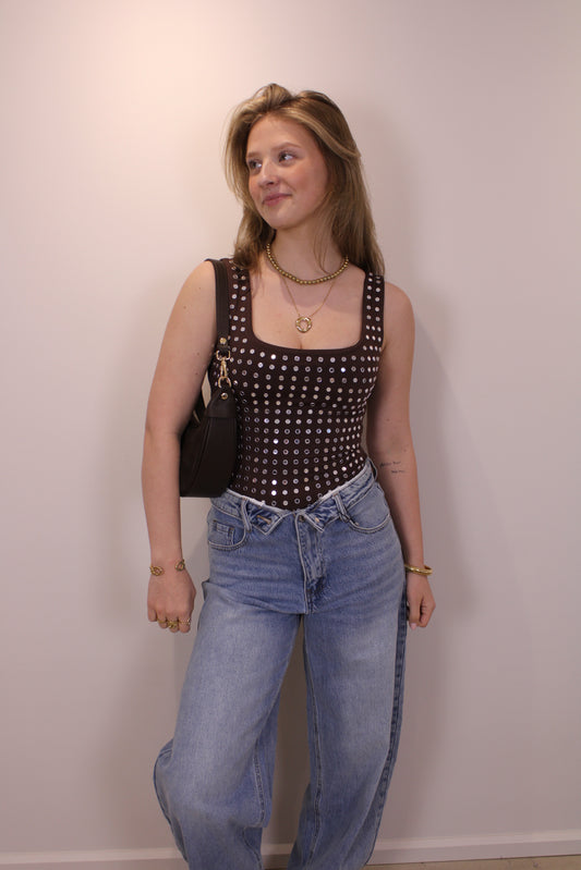 Body met spiegel studs - bruin