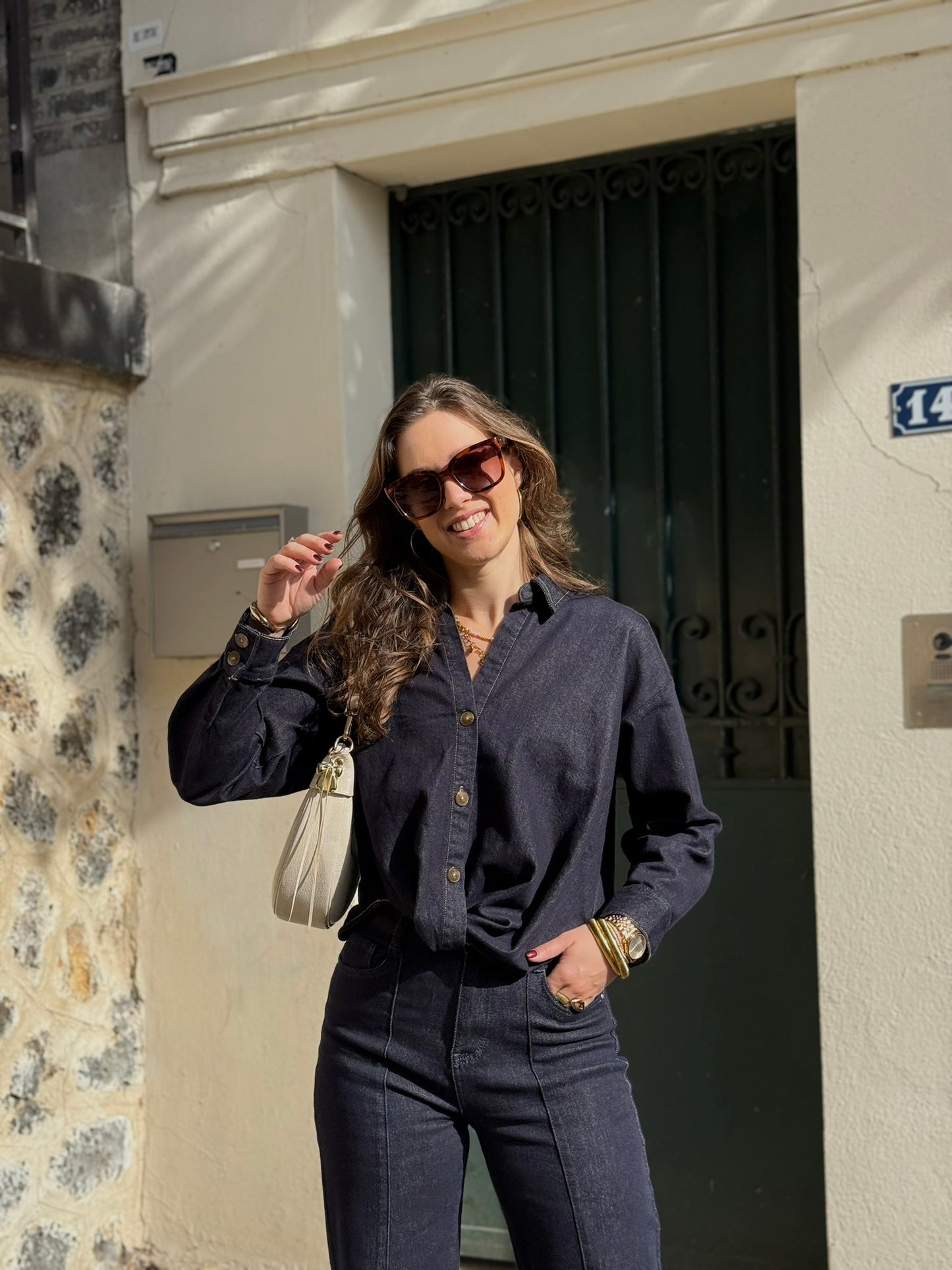 Geknoopte stretch blouse - dark denim