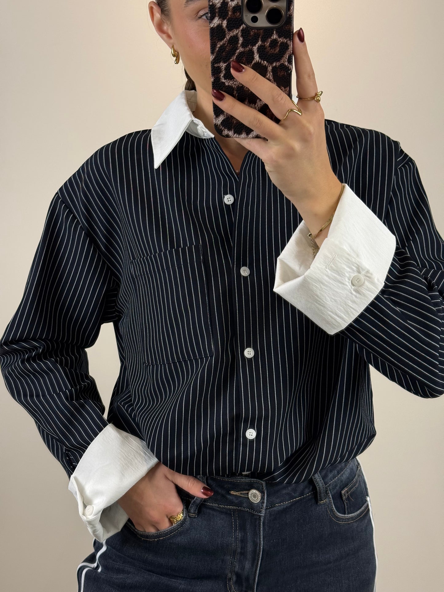 Gestreepte blouse met witte details - navy