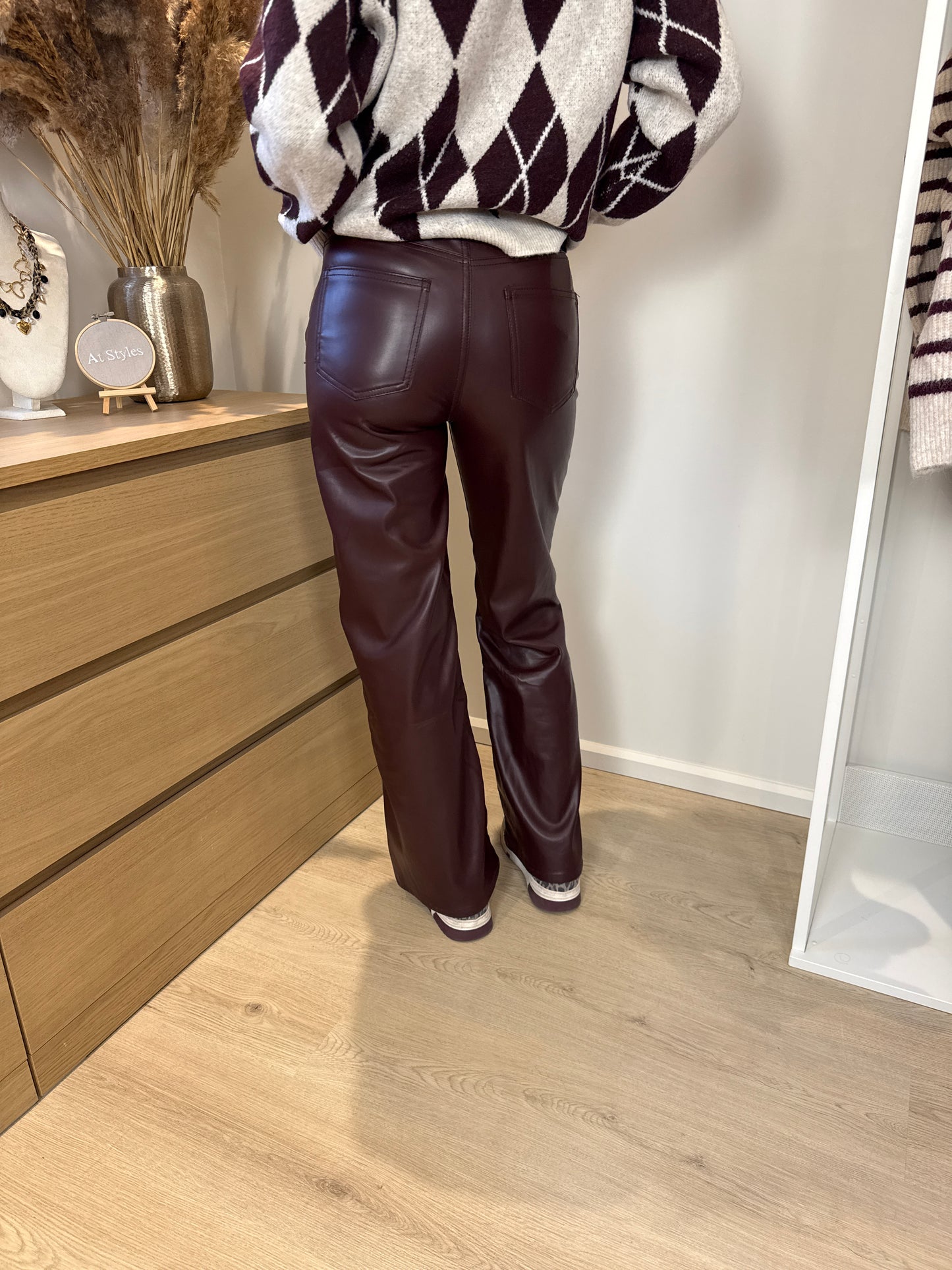 Mid waist - straight leg leren broek - bordeaux