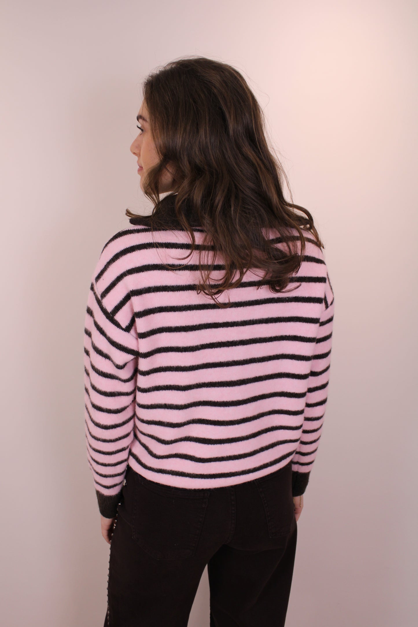 Streepjes zipper trui - roze bruin