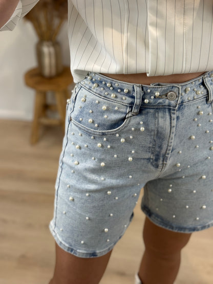 Stretch short met parels - denim