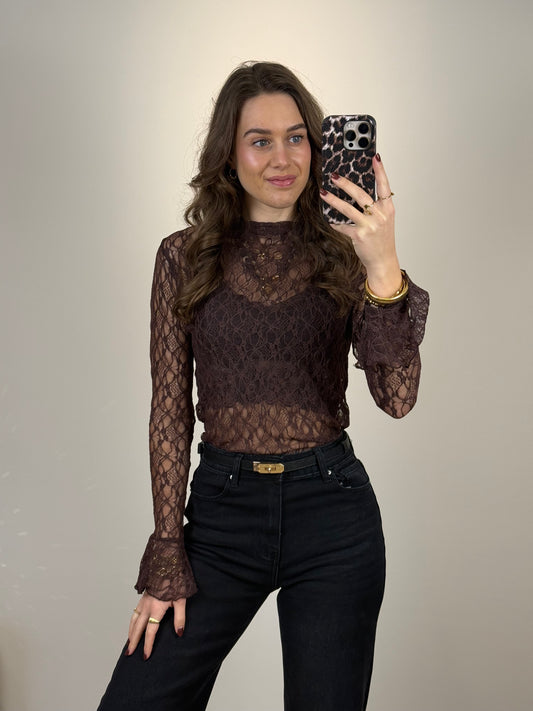 Kanten top met mouwtje - bordeaux / wine red