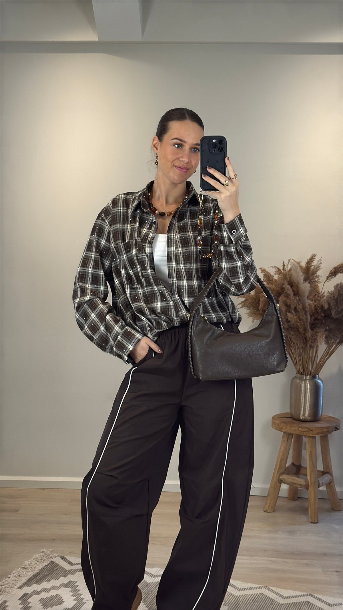 Geruite blouse met strass steentjes - bruin