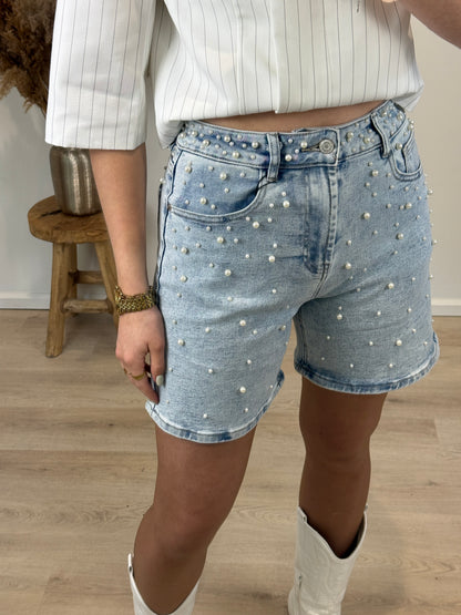 Stretch short met parels - denim