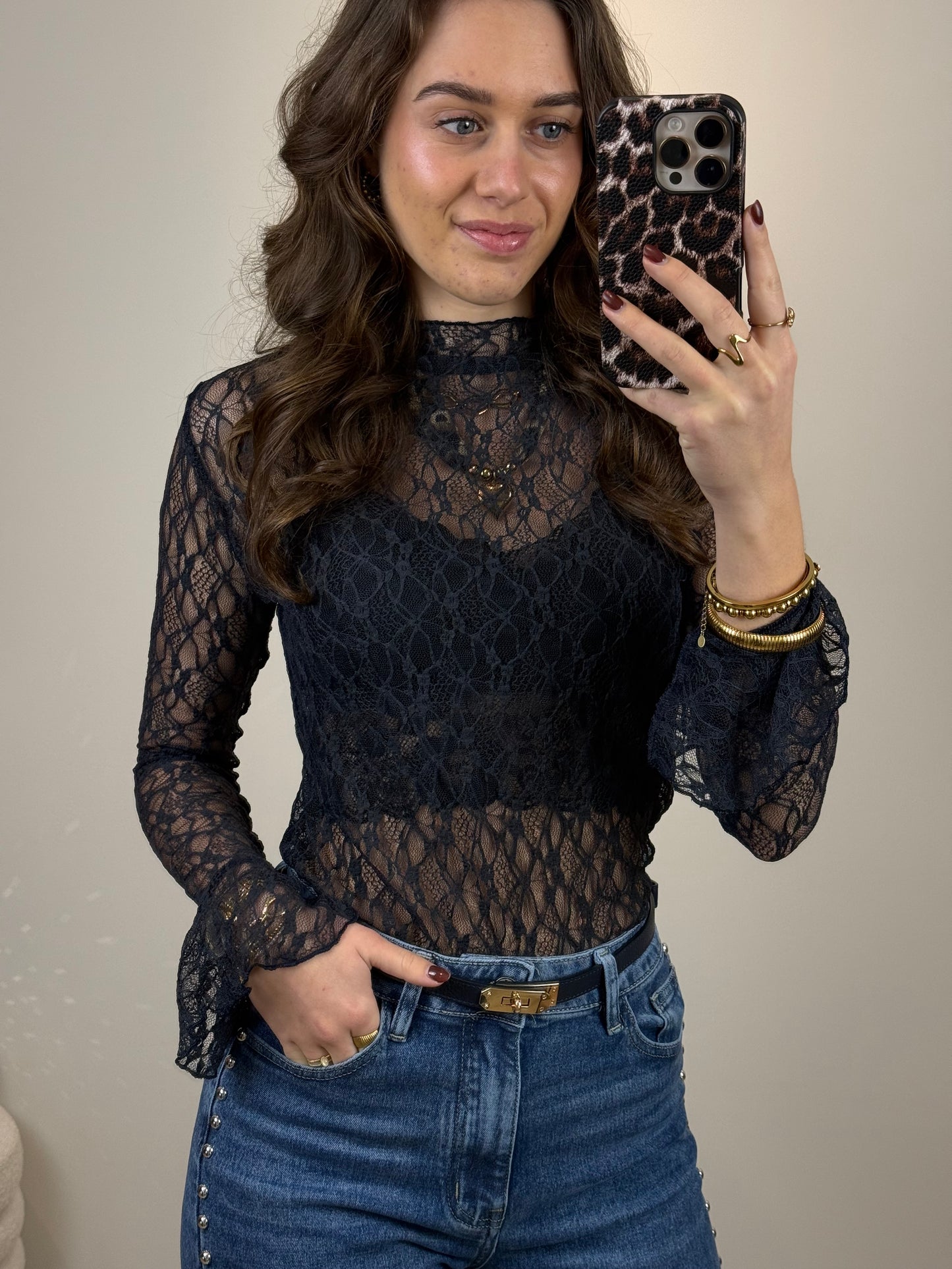 Kanten top met mouwtje - blauw