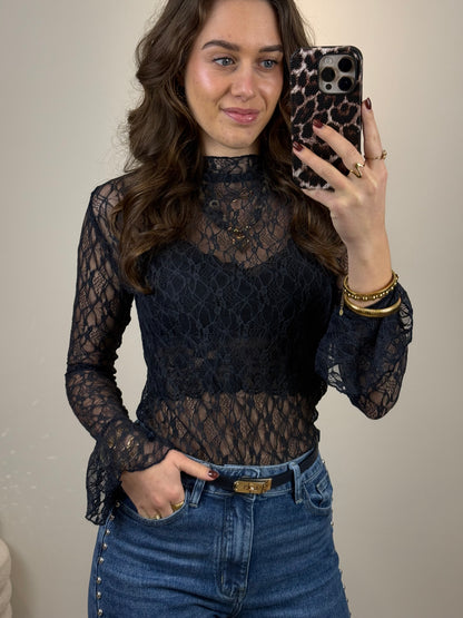 Kanten top met mouwtje - blauw