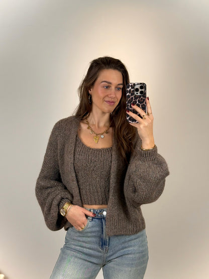 Gebreide set top en vest - taupe