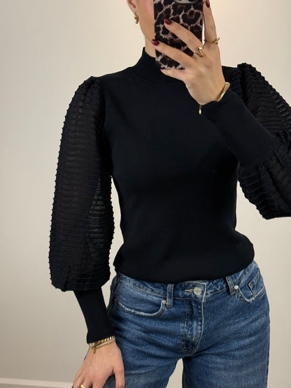 Top met col en mesh mouwen - zwart