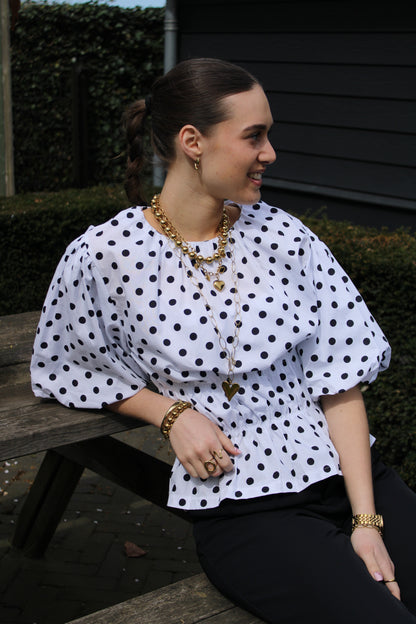 Polkadot top met pofmouw - wit zwart