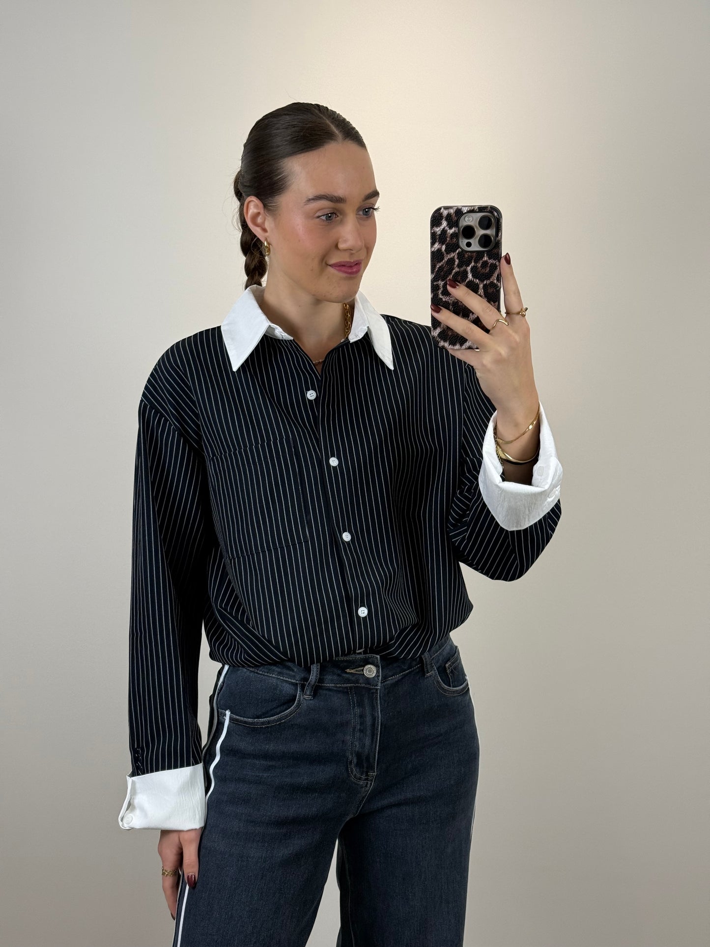 Gestreepte blouse met witte details - navy