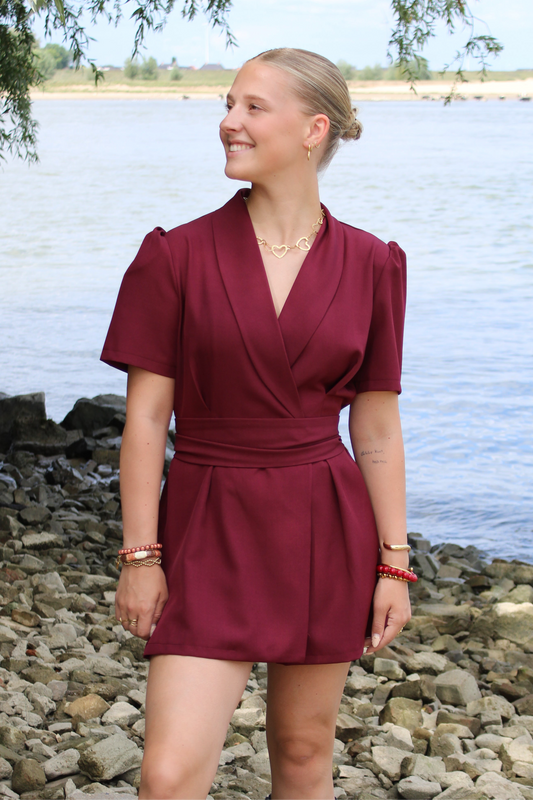 Blazer playsuit met ceintuur - bordeaux