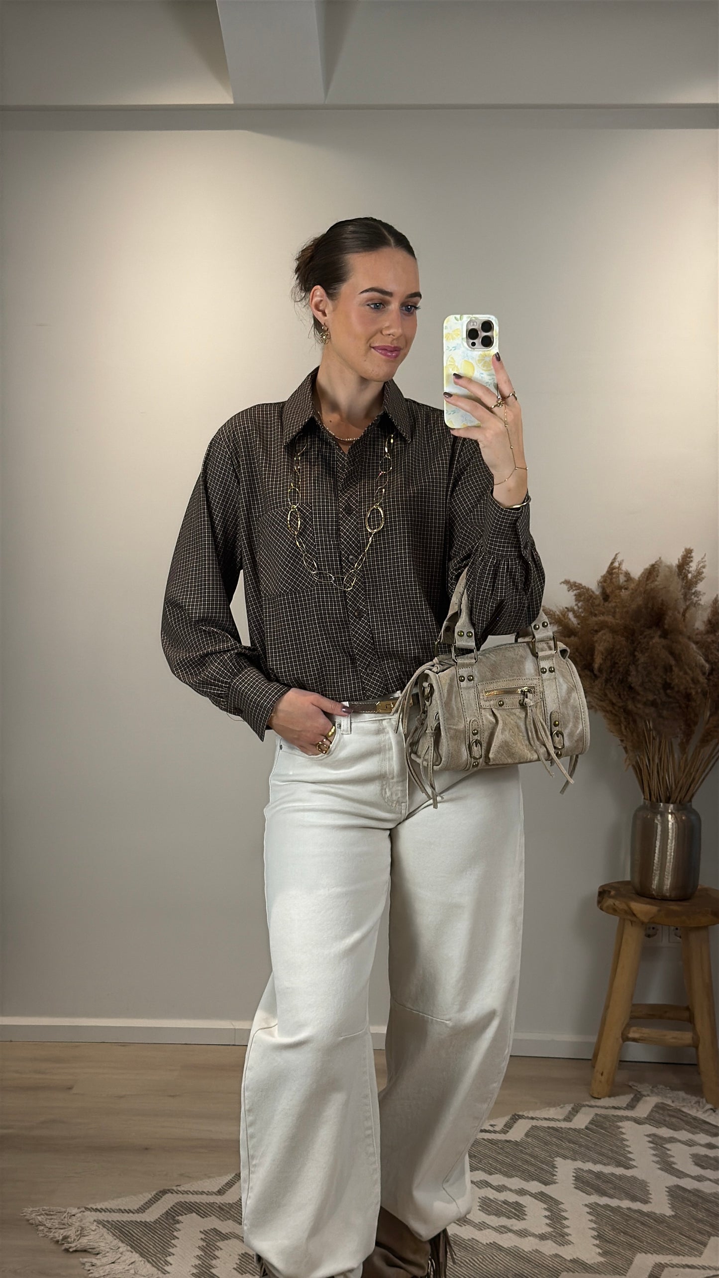 Geruite blouse met elastiek - bruin