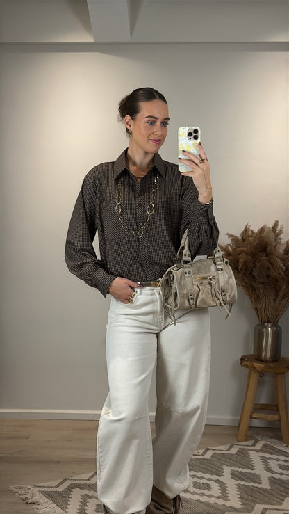 Geruite blouse met elastiek - bruin