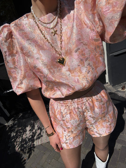 Printed top met pofmouw - koraal