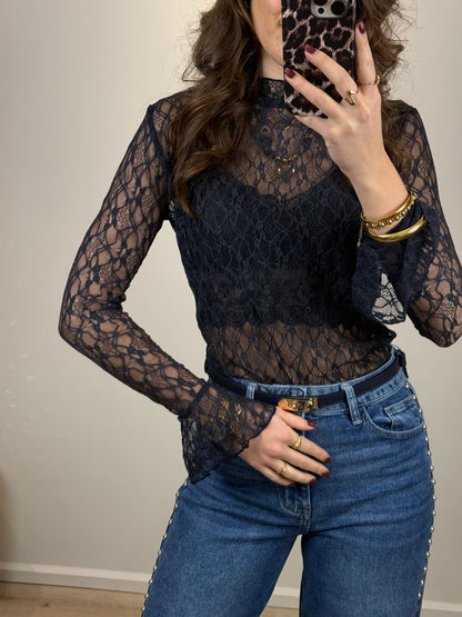 Kanten top met mouwtje - blauw