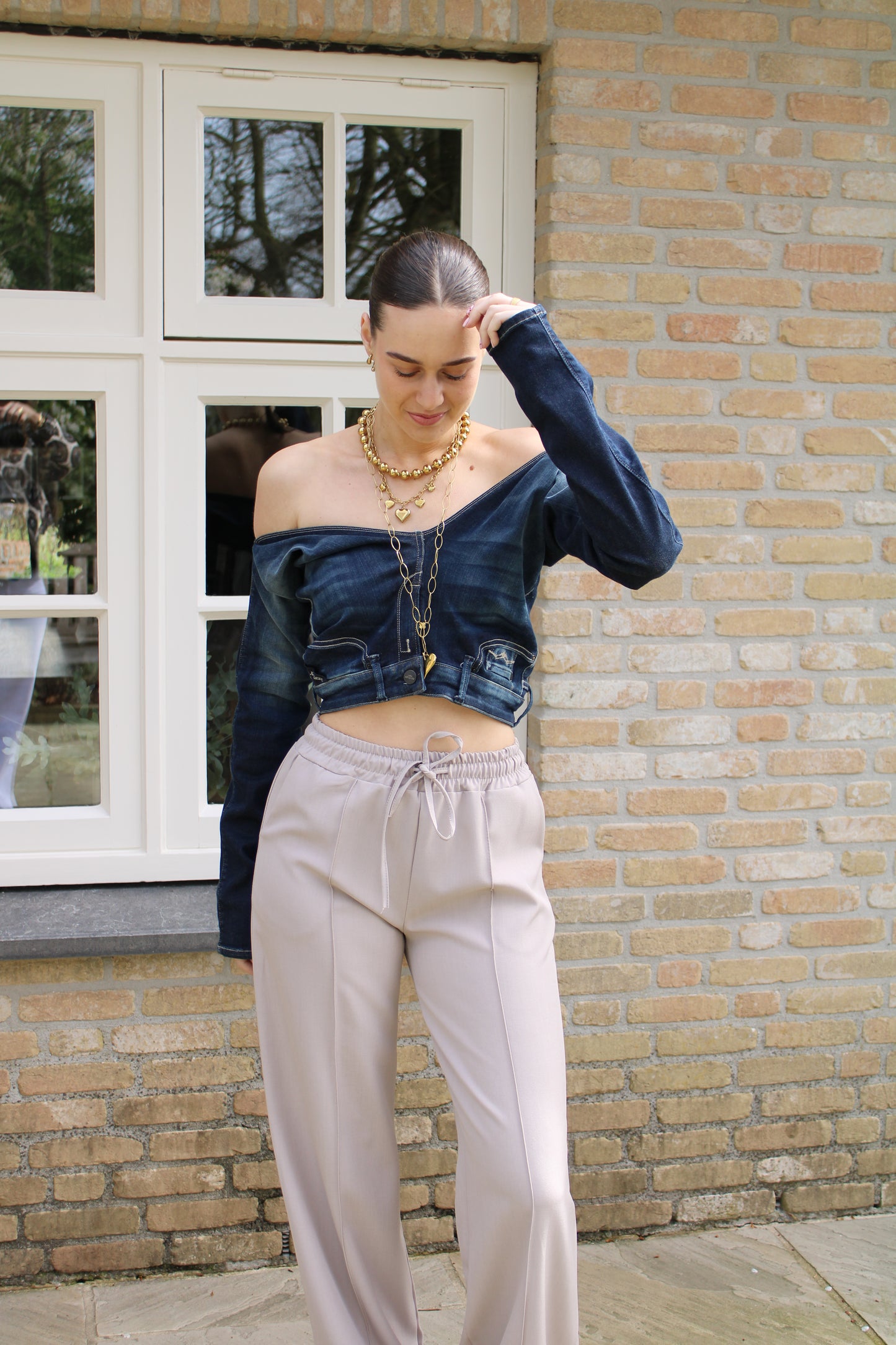 Handgemaakte off-shoulder top - denim - At Styles