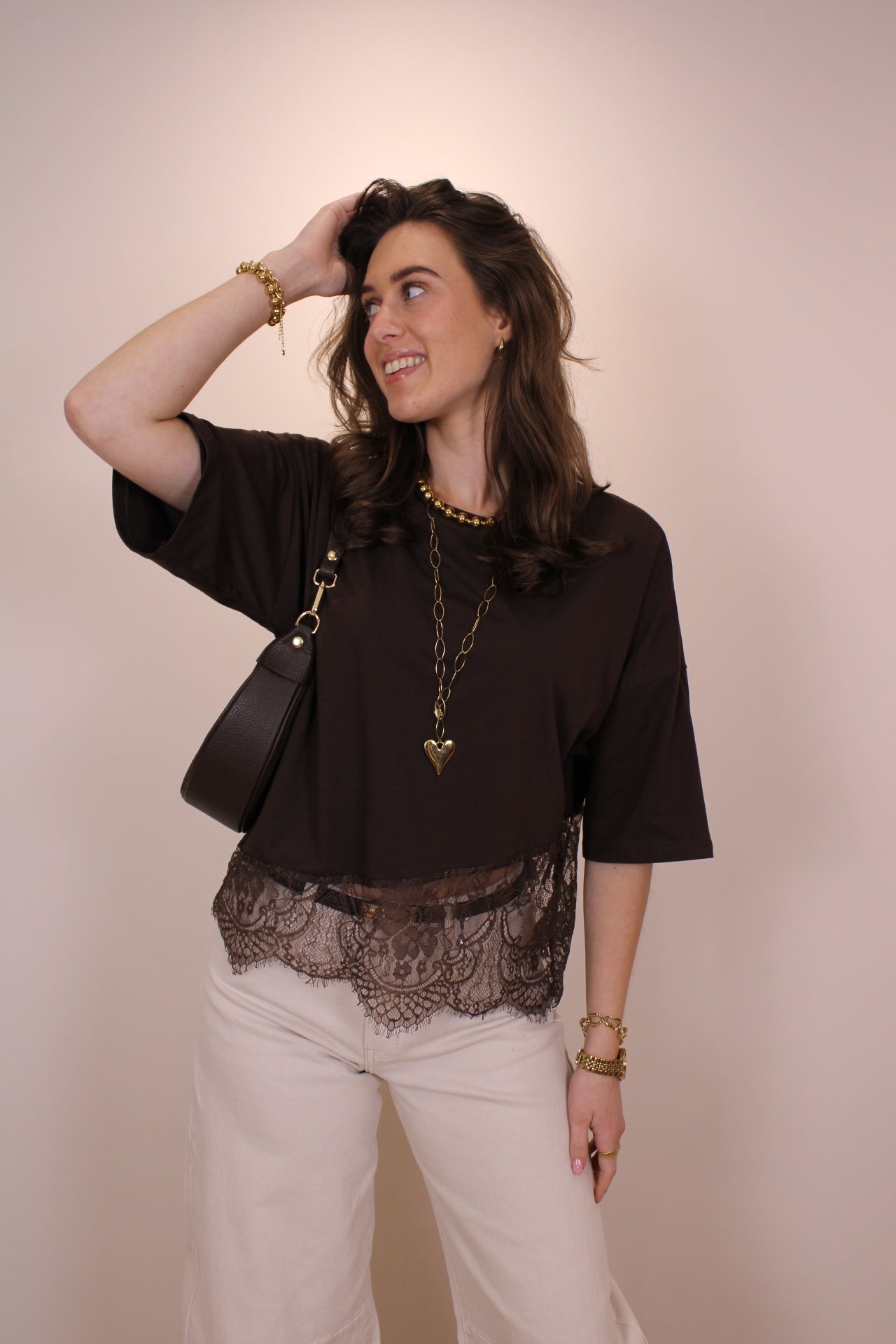 Shirt met kant - bruin