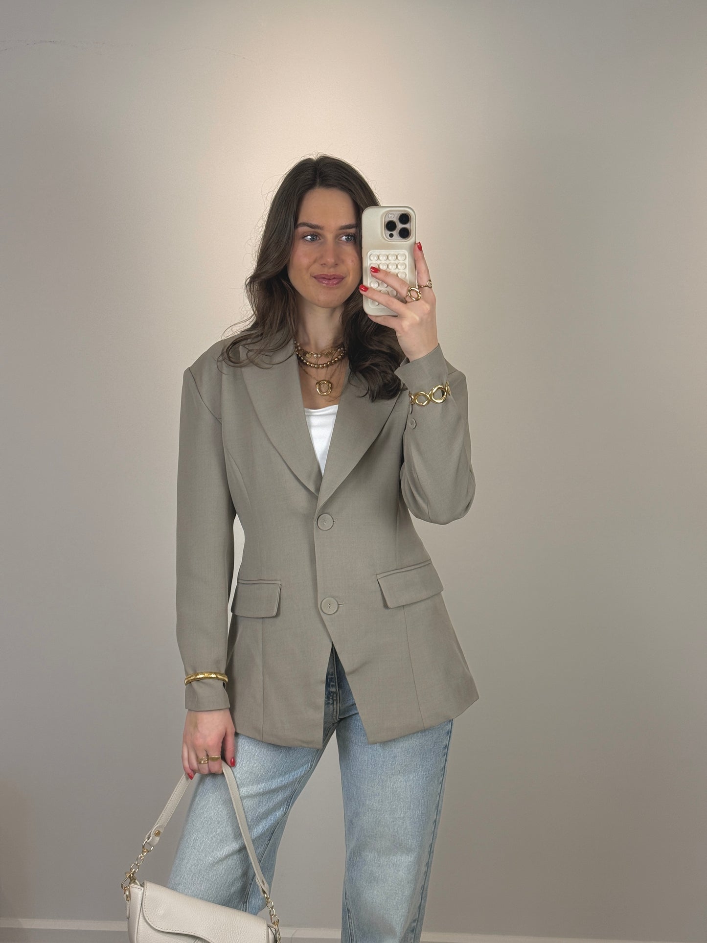 Getailleerde blazer met riem - taupe