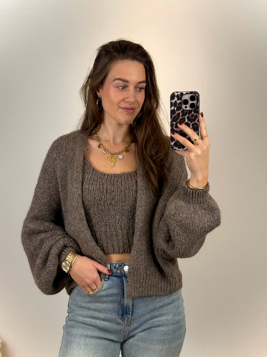 Gebreide set top en vest - taupe