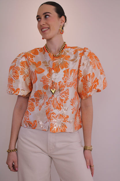 Bloemen top pofmouw - oranje - At Styles