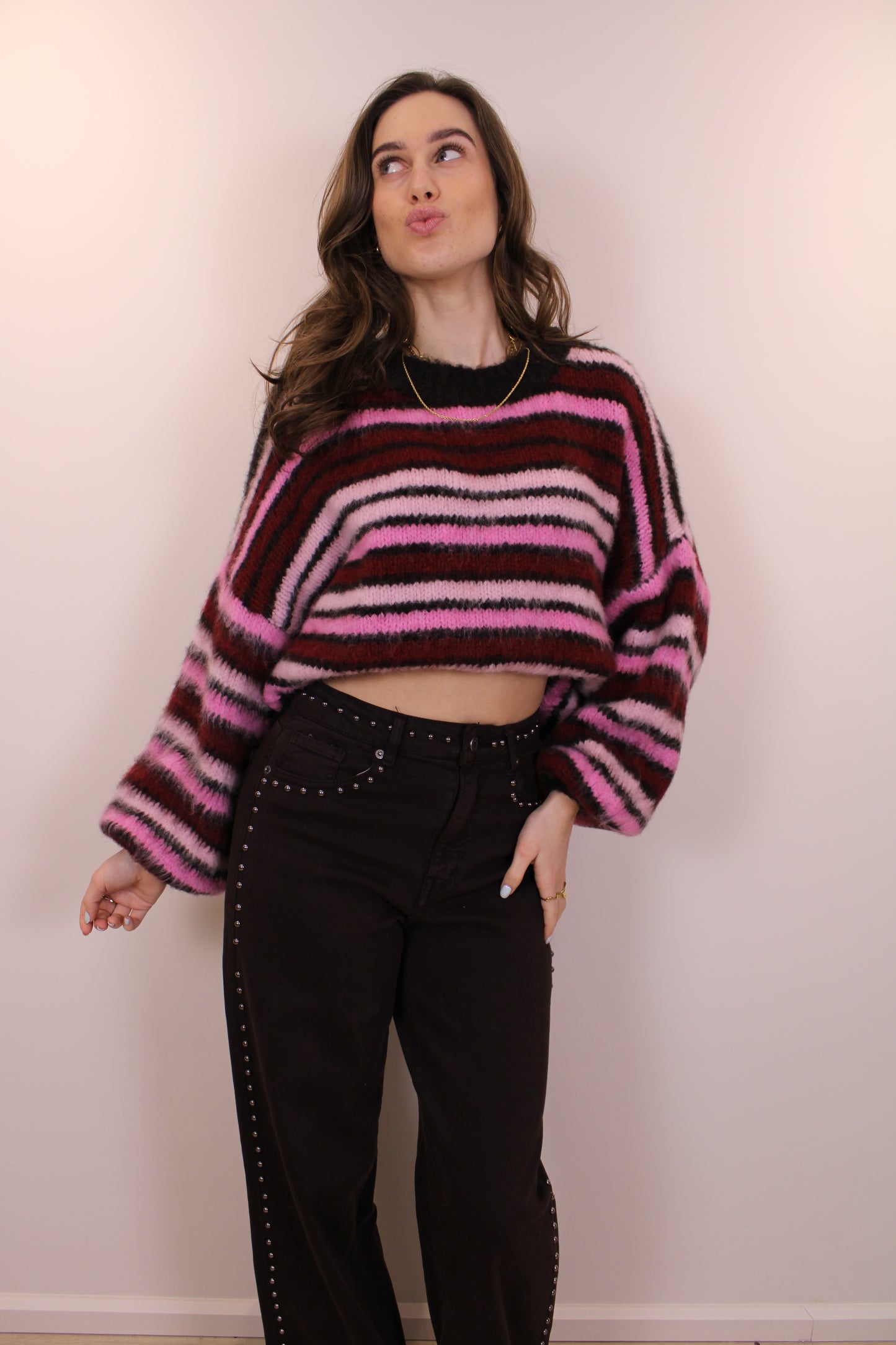 Gestreepte trui - bruin/roze/bordeaux