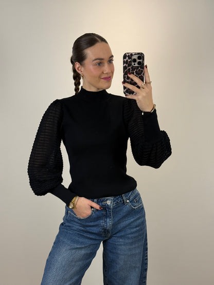 Top met col en mesh mouwen - zwart