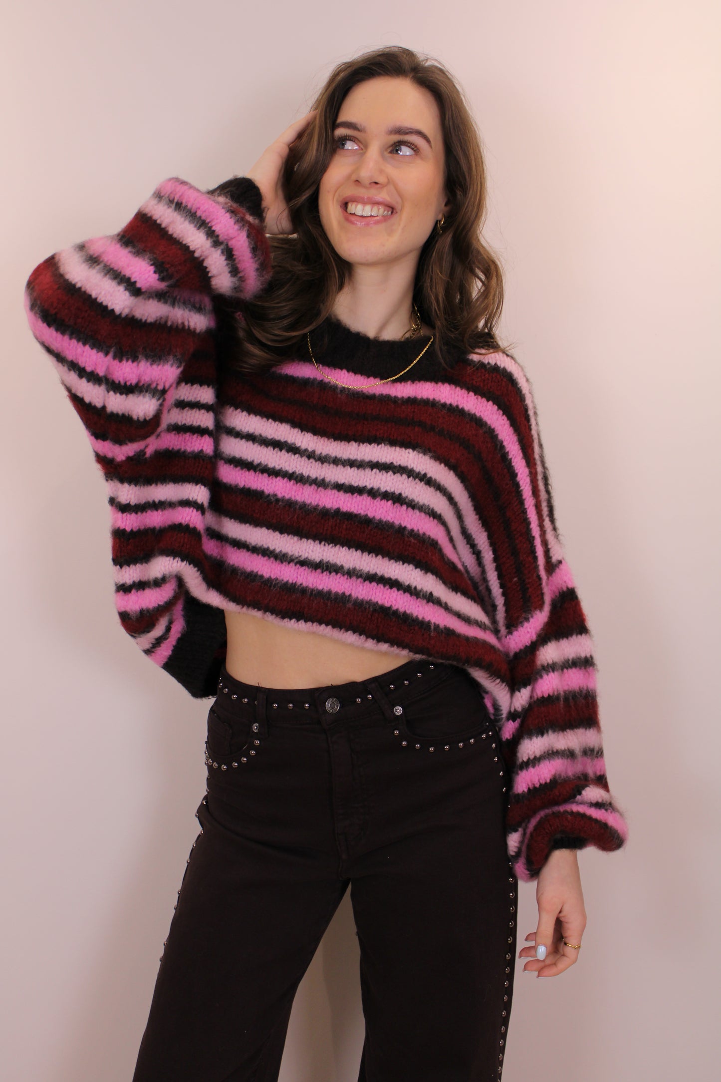 Gestreepte trui - bruin/roze/bordeaux