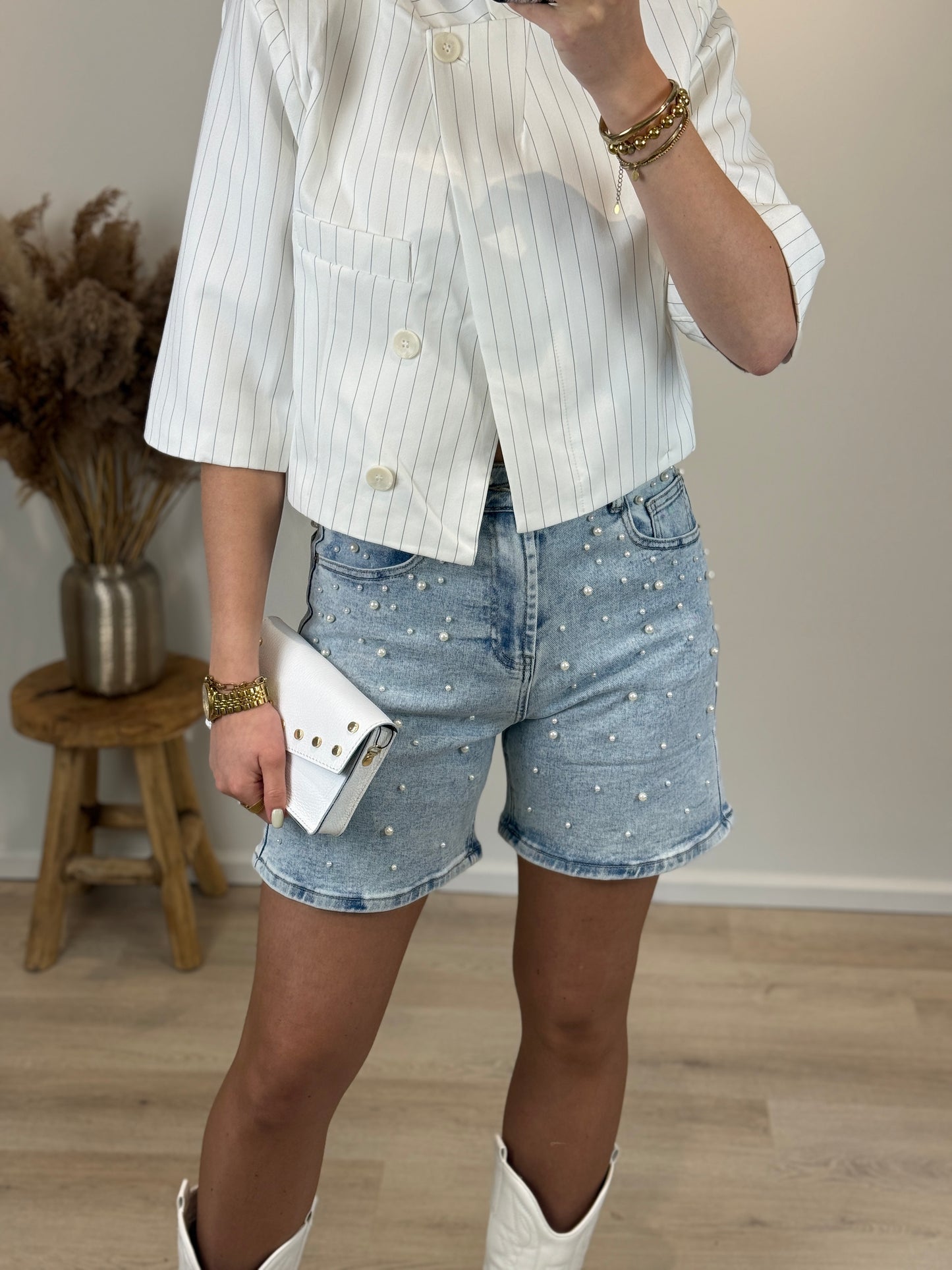 Stretch short met parels - denim