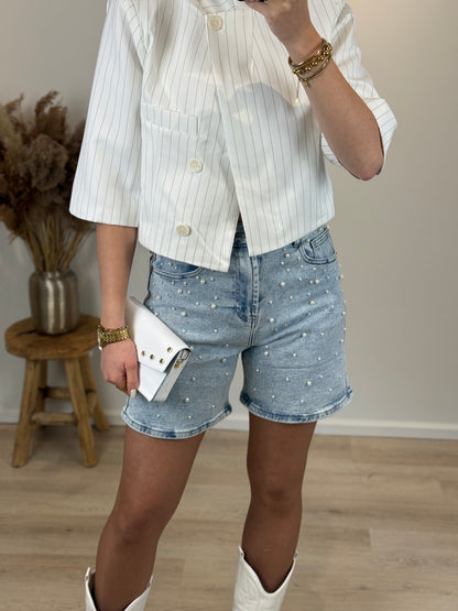 Stretch short met parels - denim