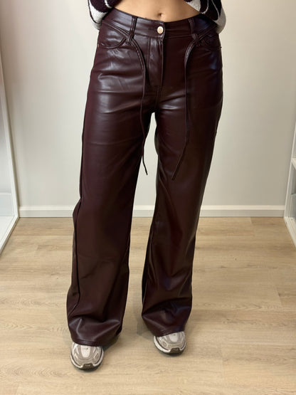 Mid waist - straight leg leren broek - bordeaux