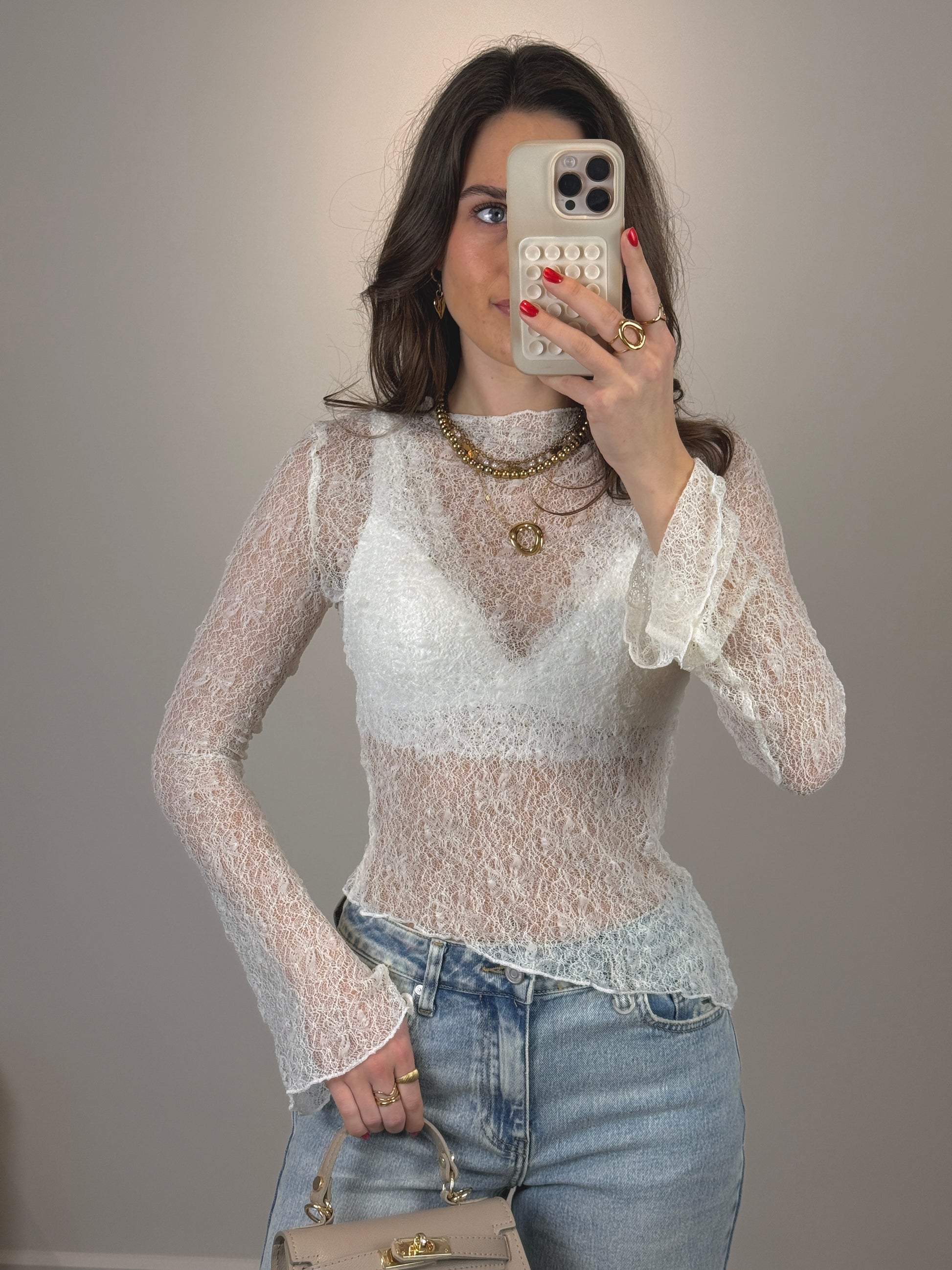 Asymmetrisch kanten top met mouwtje - creme - At Styles