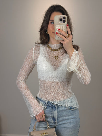 Asymmetrisch kanten top met mouwtje - creme - At Styles