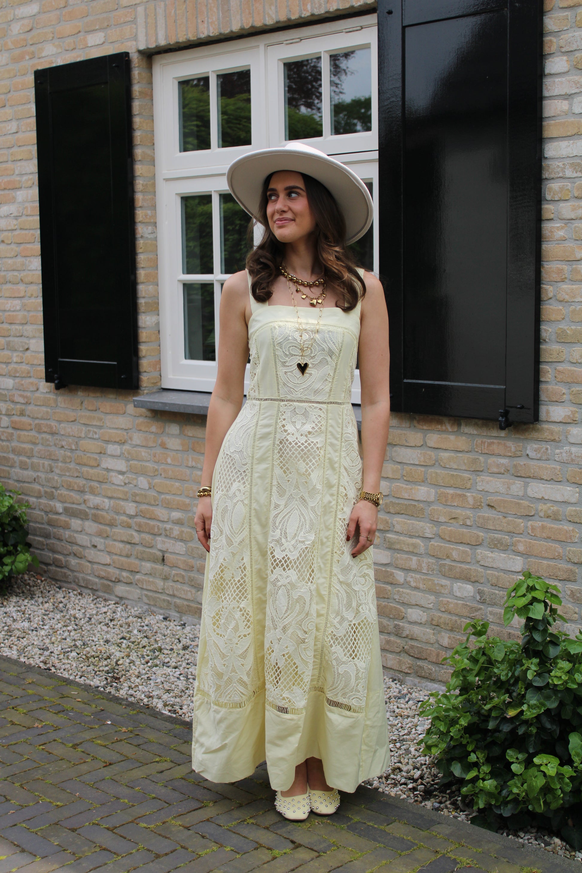 Kanten lange jurk - geel - At Styles