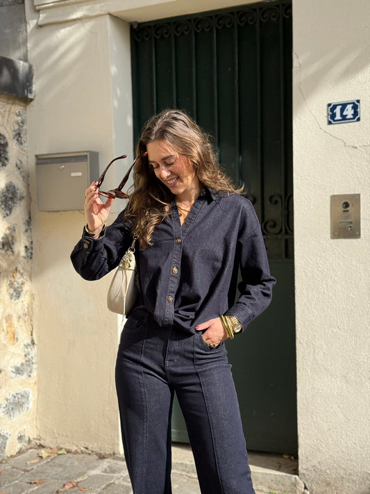 Geknoopte stretch blouse - dark denim