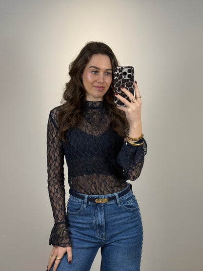 Kanten top met mouwtje - blauw