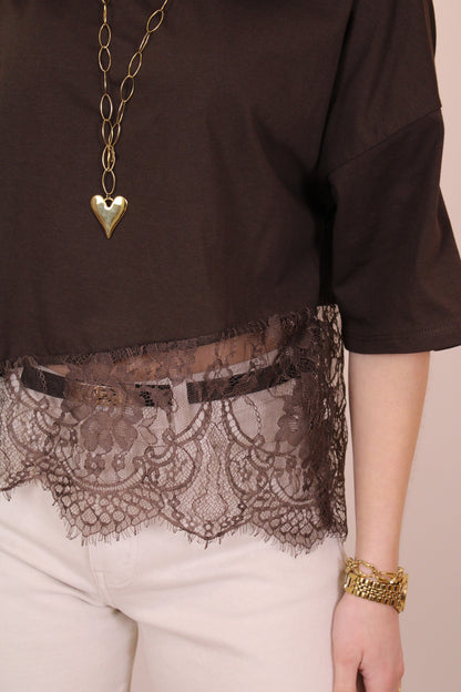 Shirt met kant - bruin