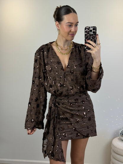 Glitter overslag jurkje - bruin