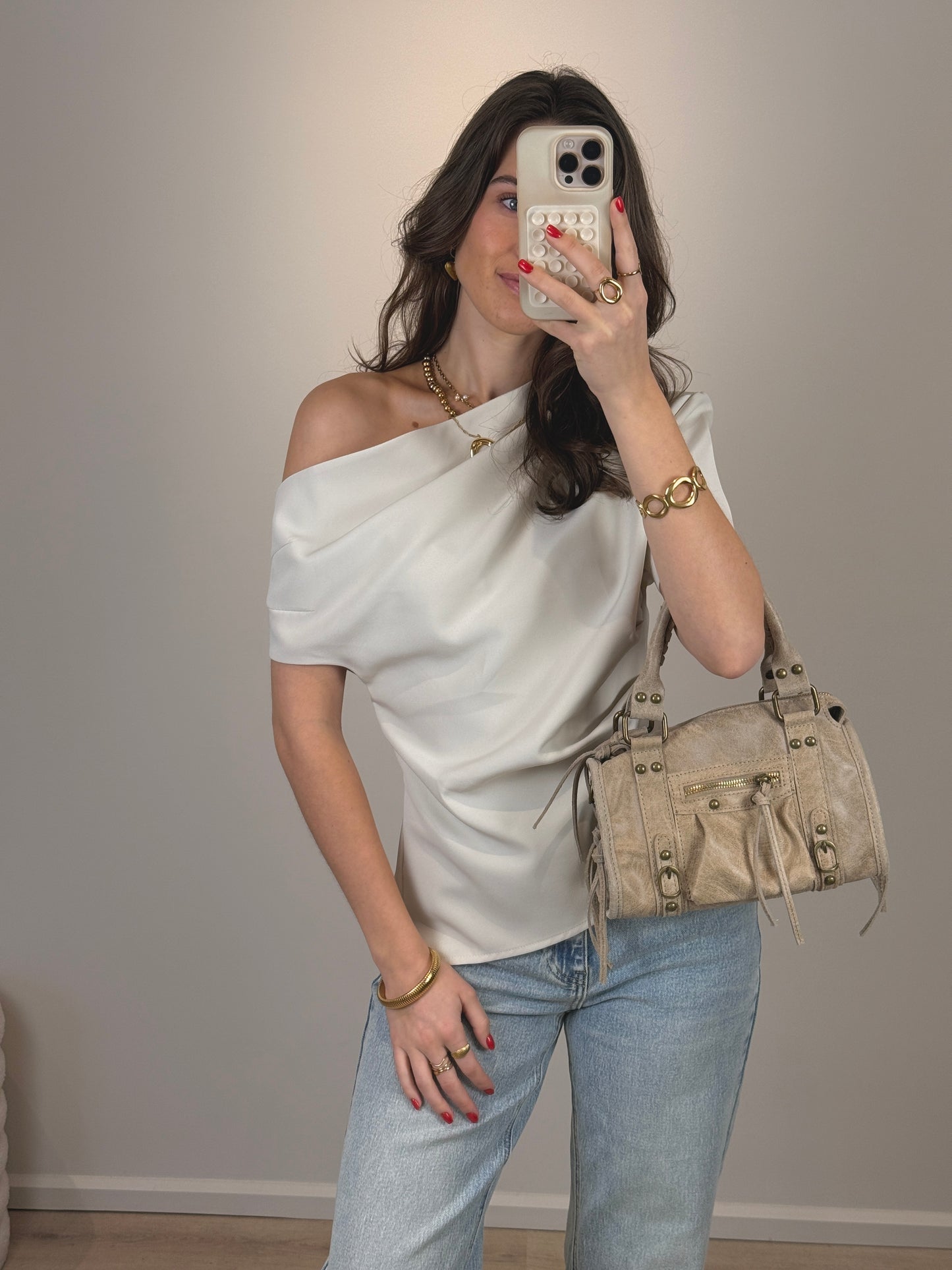 Asymmetrisch one shoulder top - creme