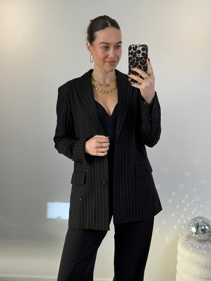 Strass blazer met krijtstreep - zwart