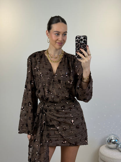 Glitter overslag jurkje - bruin