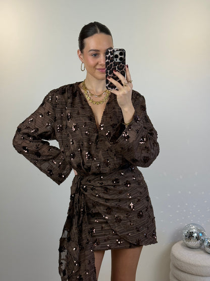 Glitter overslag jurkje - bruin