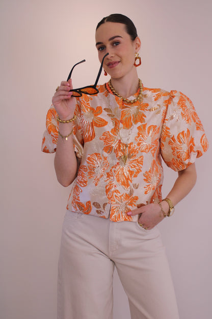 Bloemen top pofmouw - oranje - At Styles