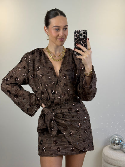 Glitter overslag jurkje - bruin
