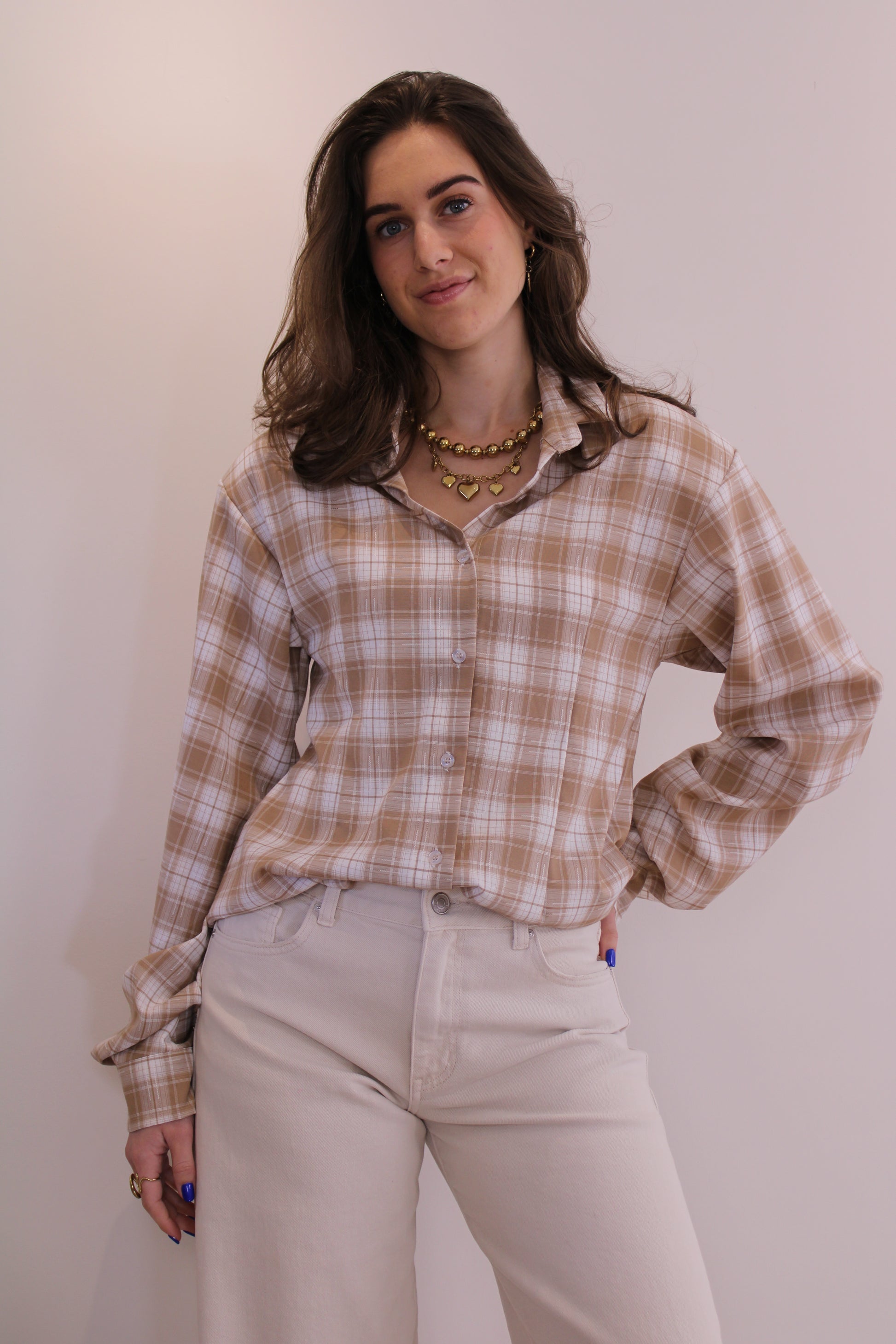 Getailleerde ruit blouse - beige - At Styles