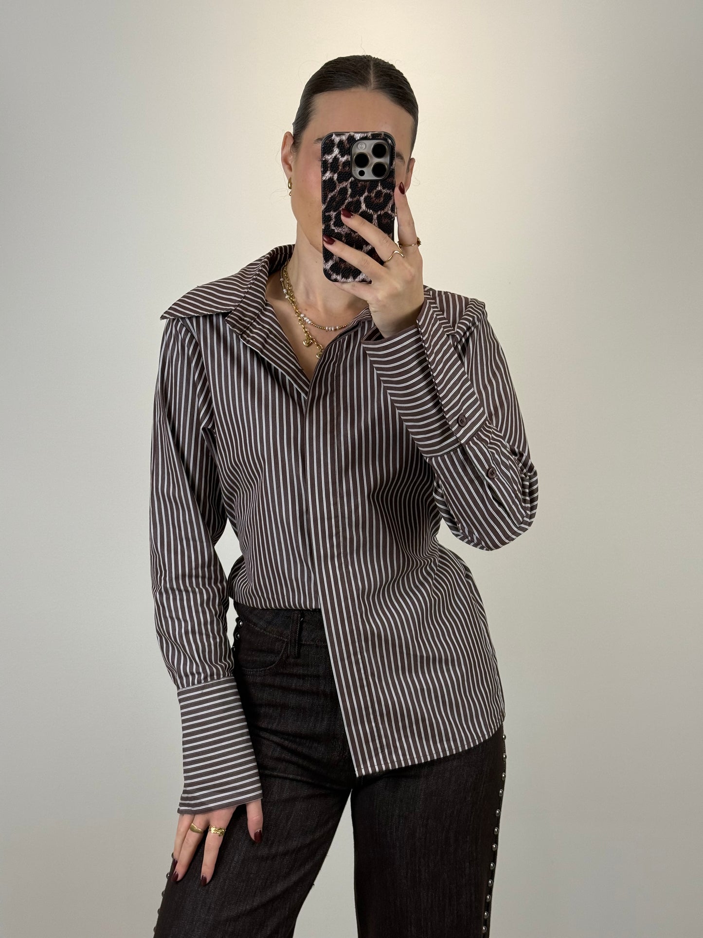 Gestreepte blouse met strik - bruin